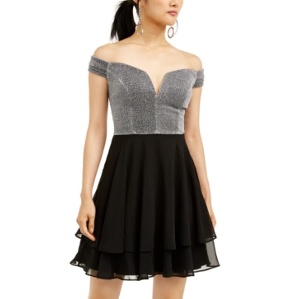 City Studio Black Silver Metallic Fit & Flare Dress 3 NWT Junior Mini Homecoming